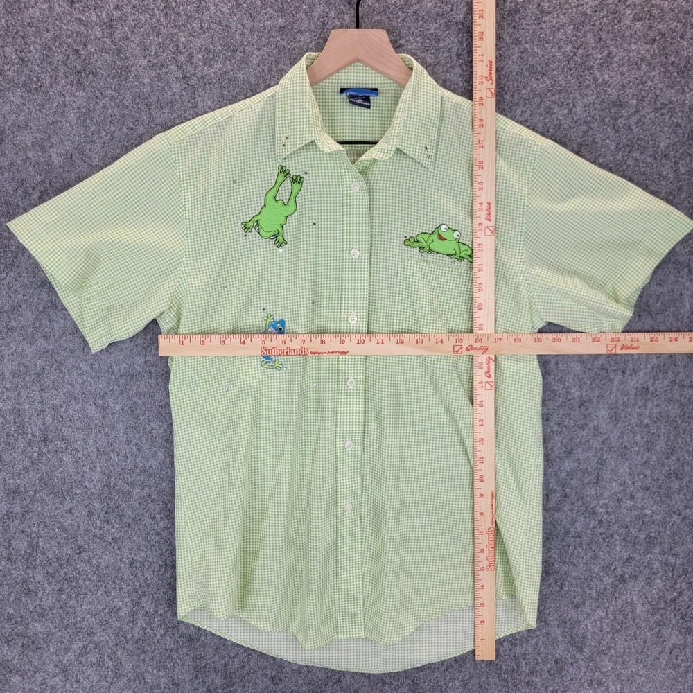 Las Olas Shirt Womens M Green Gingham Embroidered Frog Button Up Short Sleeve - Picture 9 of 12